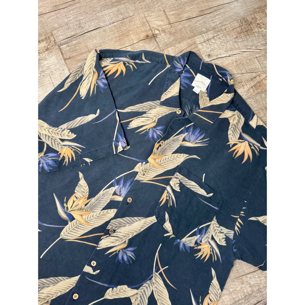 Tommy Bahama Relax Mens XXL Navy Silk Bird‎ of Paradise Floral Ribbed Camp Shirt